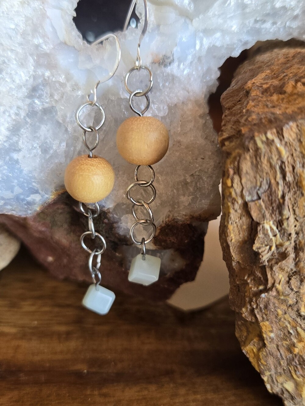 Handmade Wood & Frosted Glass Dangle Earrings | Natural Minimalist